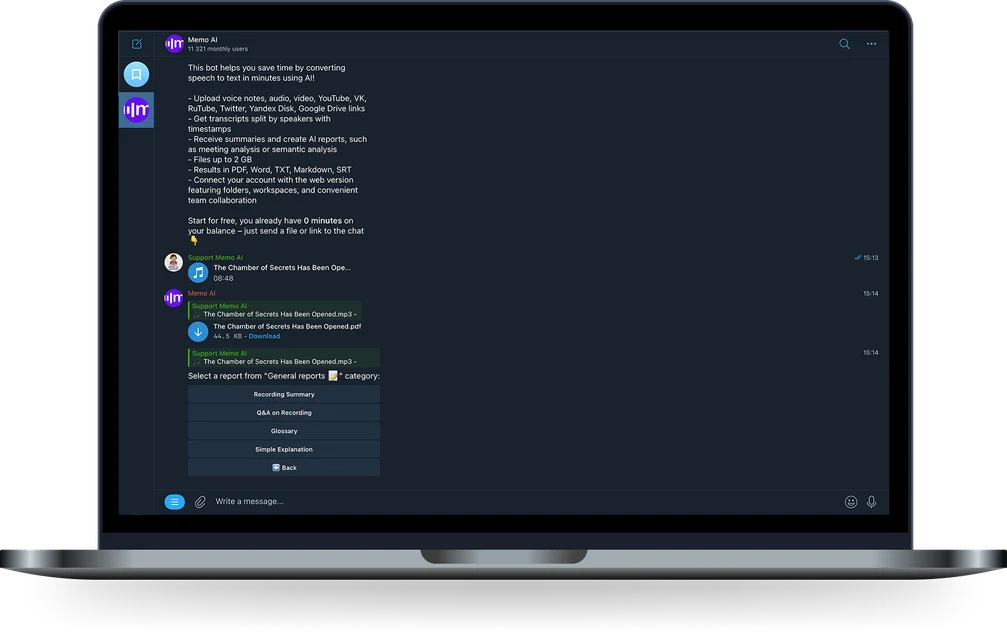 Memo AI Telegram-Bot-Oberfläche