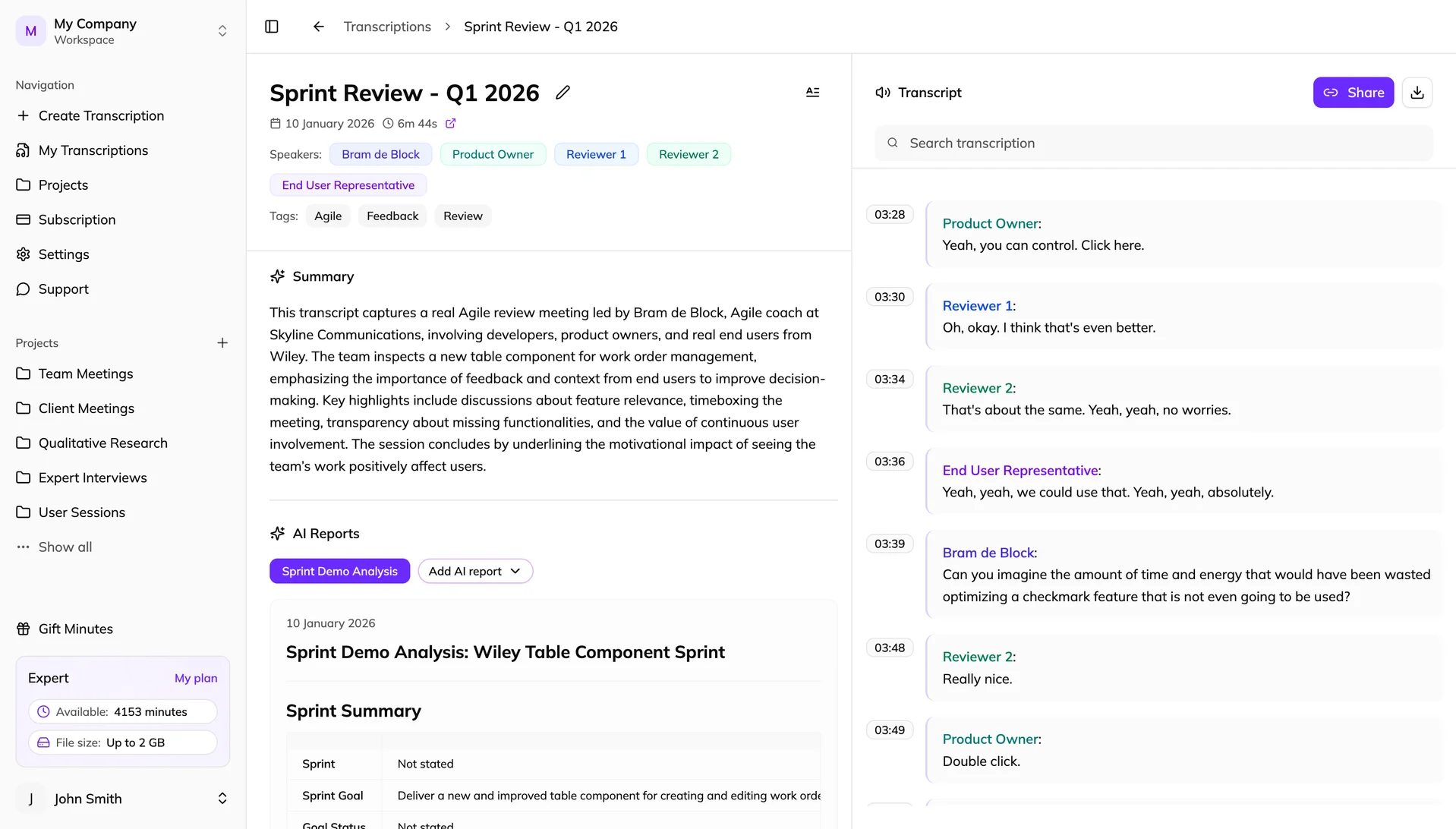 Detailed transcription view with AI analysis